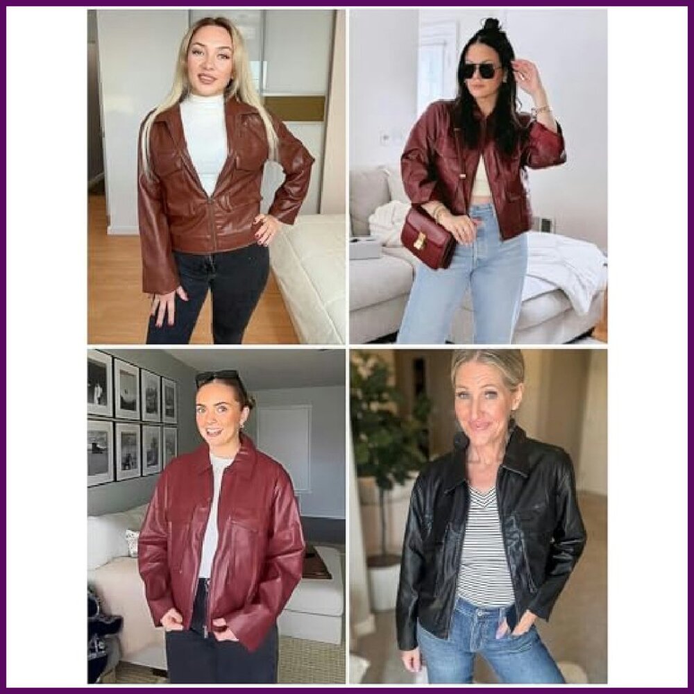 Faux Leather Motorcycle Jacket Bomber Style Cropped Zip Up - Picture 4 of 8
